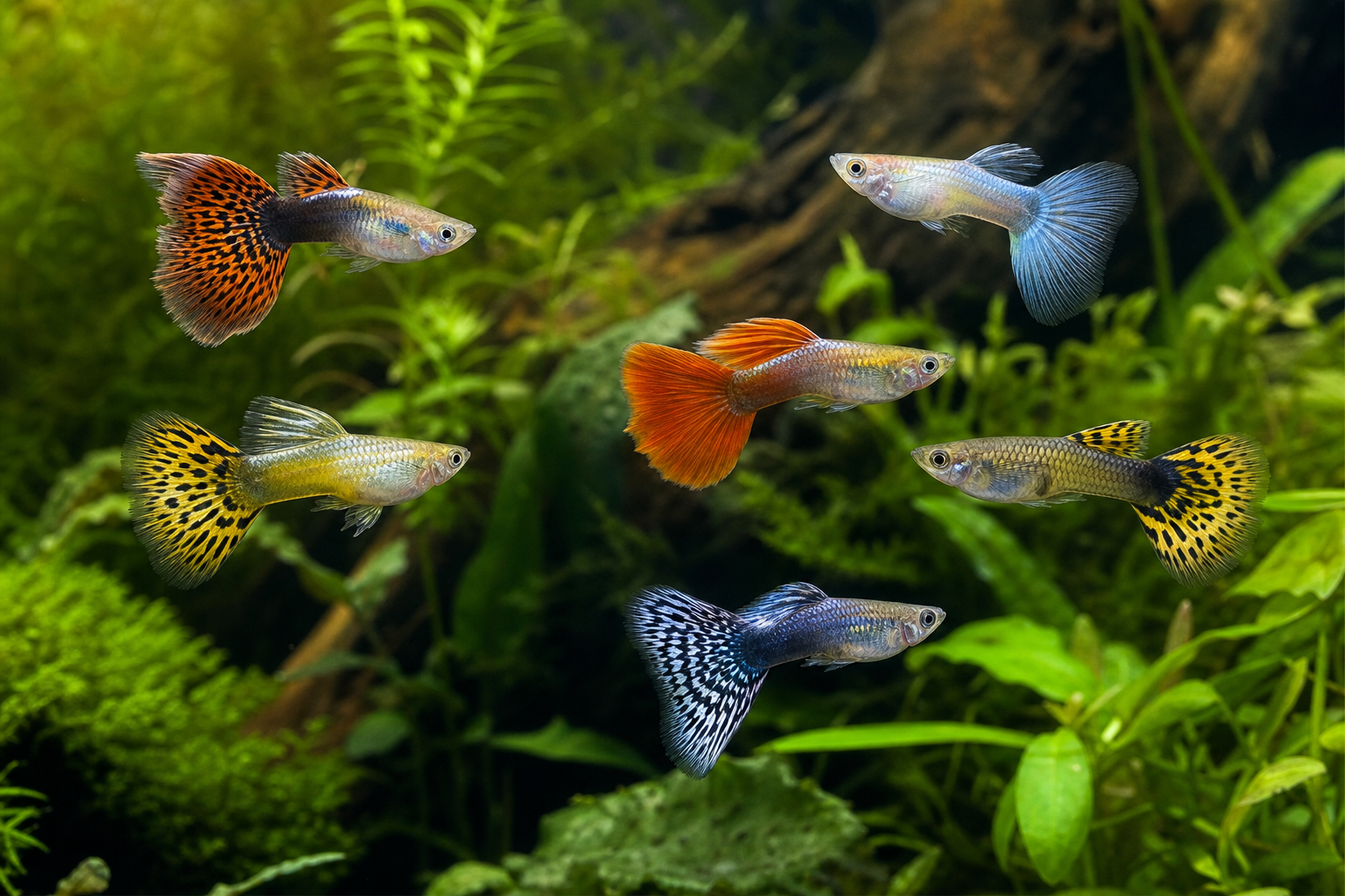Fancy guppies swimming in a planted freshwater aquarium