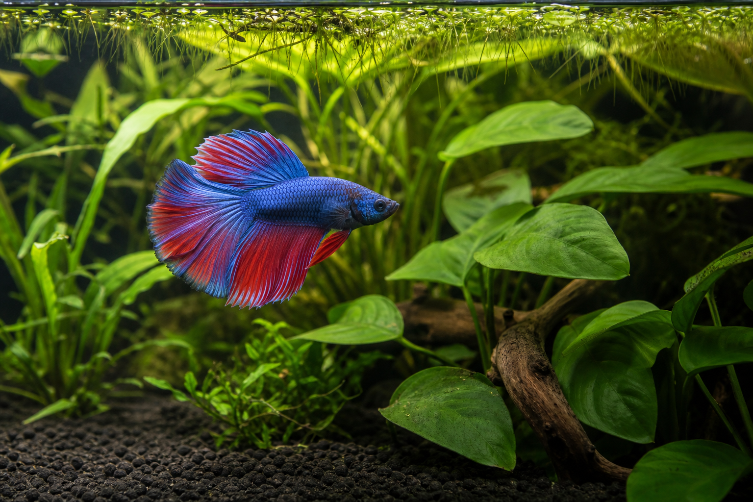 Blue and red Betta splendens swimming in a spacious planted aquarium