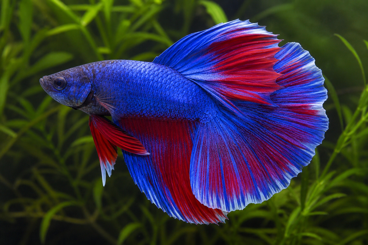 Blue and red male Betta splendens swimming among aquatic plants